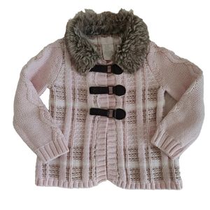 Girls Pink and Tan Knit Cardigan 24 Months Fur Collar 2T Sweater Jacket